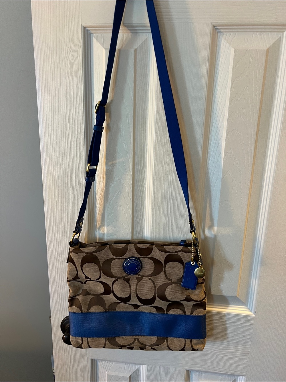 Coach Khaki Signature Crossbody with Royal Blue Trim